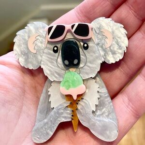 Koala Ice Cream Brooch - Gray, Pink & Green Acrylic Pin